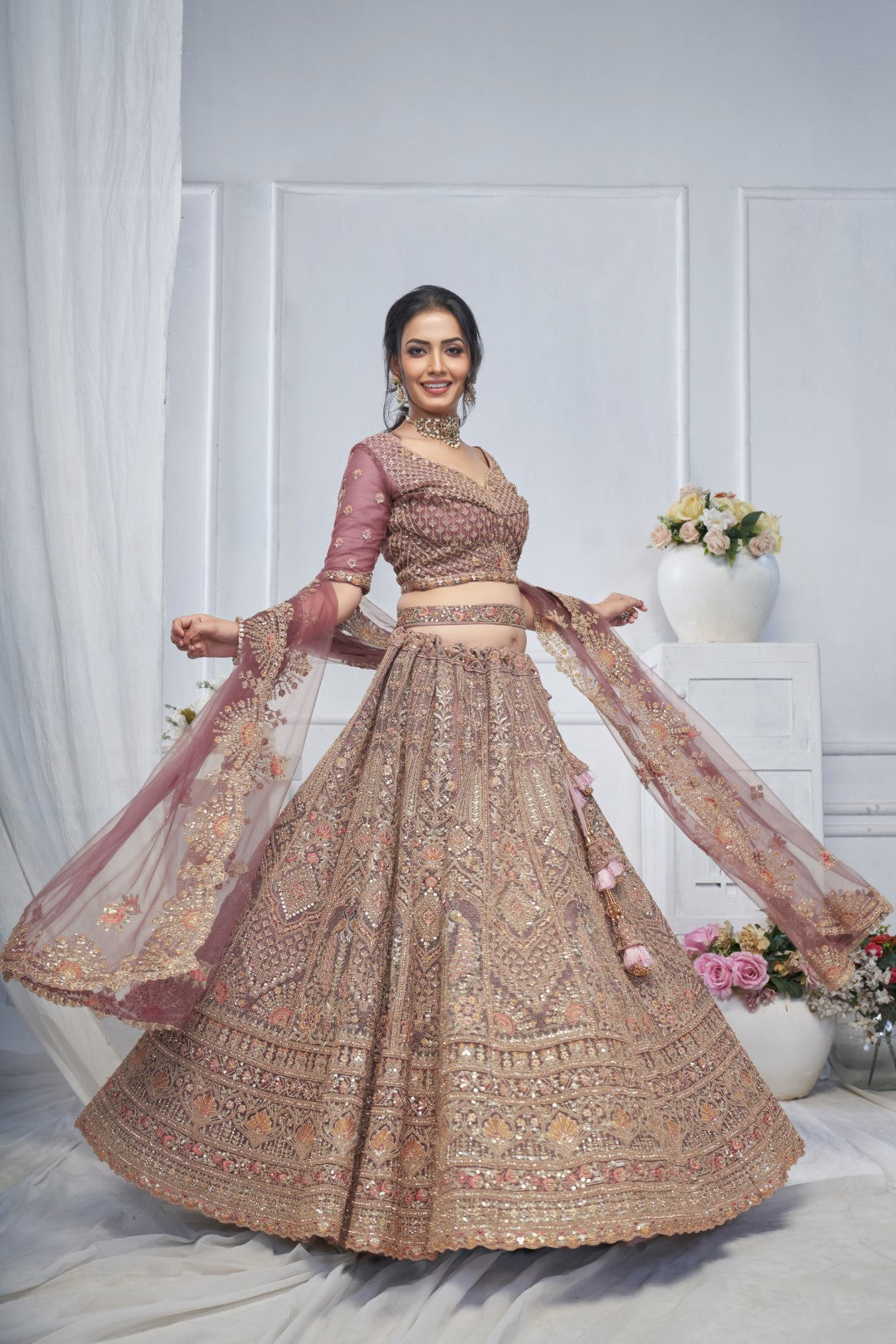 Women's Onion Soft Net Embroidery Lehenga Set - Kesar Fab