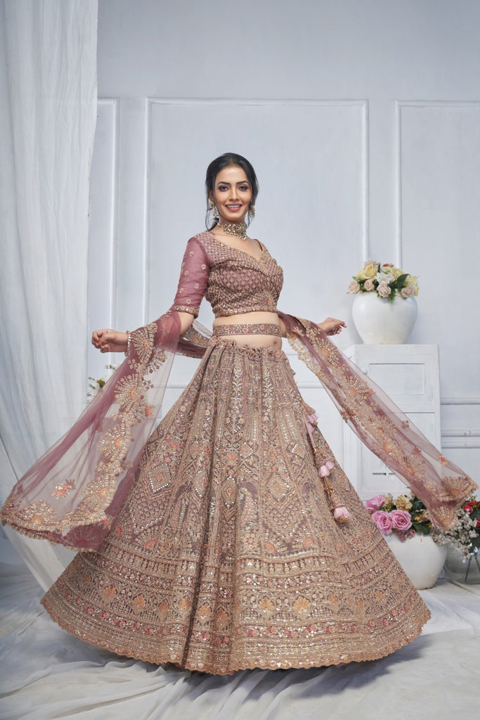 Women's Onion Soft Net Embroidery Lehenga Set