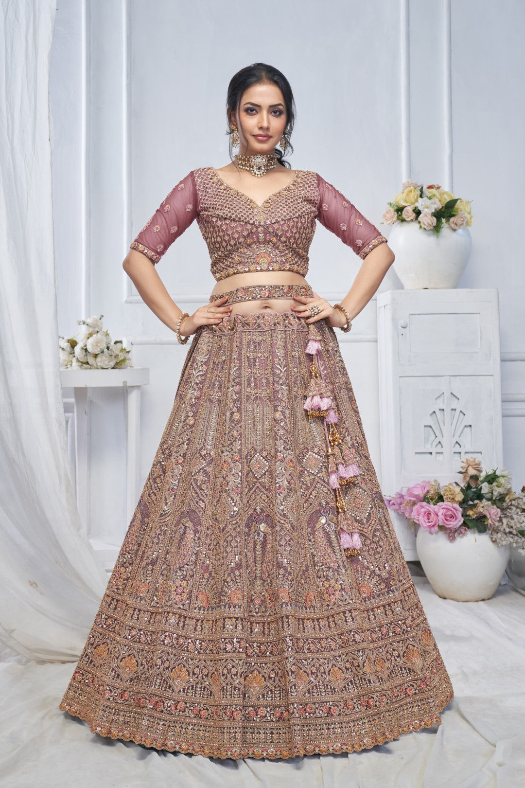 Women's Onion Soft Net Embroidery Lehenga Set - Kesar Fab