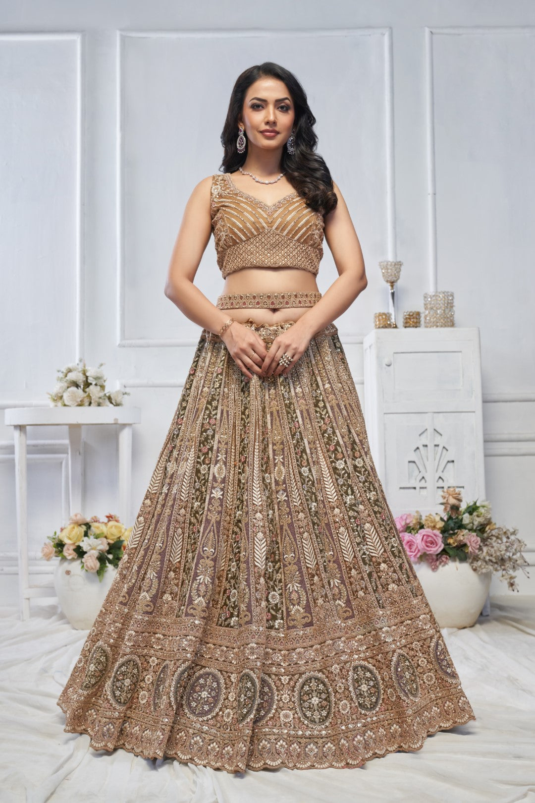 Women's Brown Soft Net Embroidery Lehenga Set - Kesar Fab