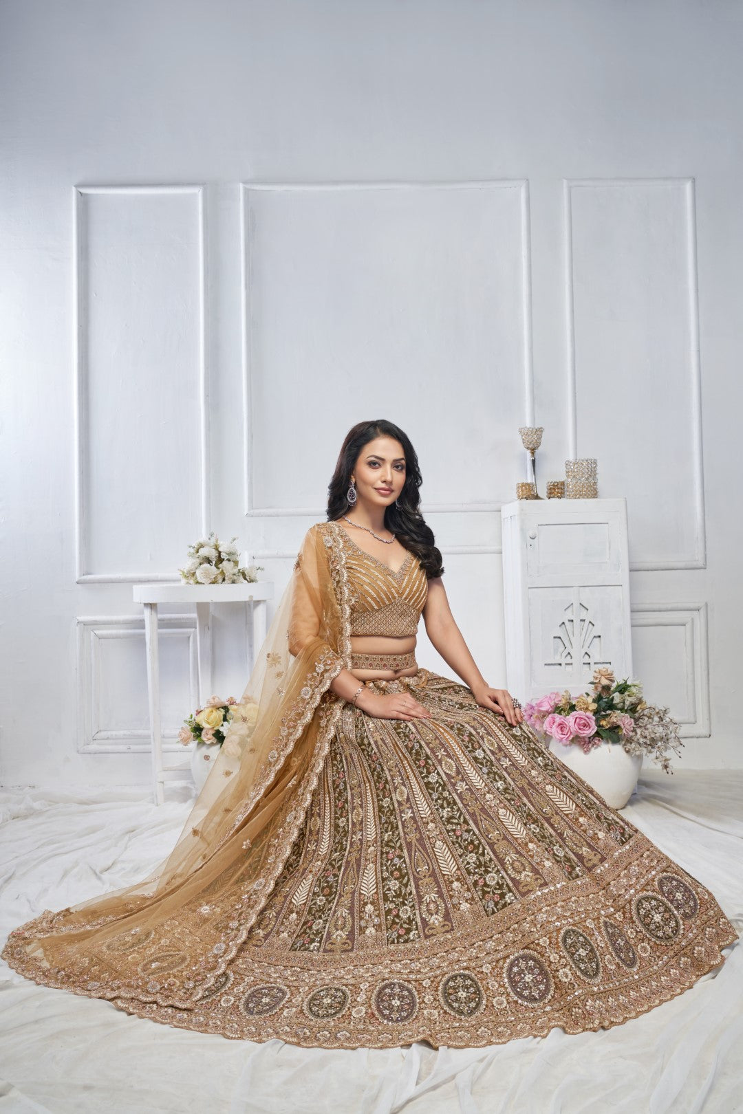 Women's Brown Soft Net Embroidery Lehenga Set - Kesar Fab