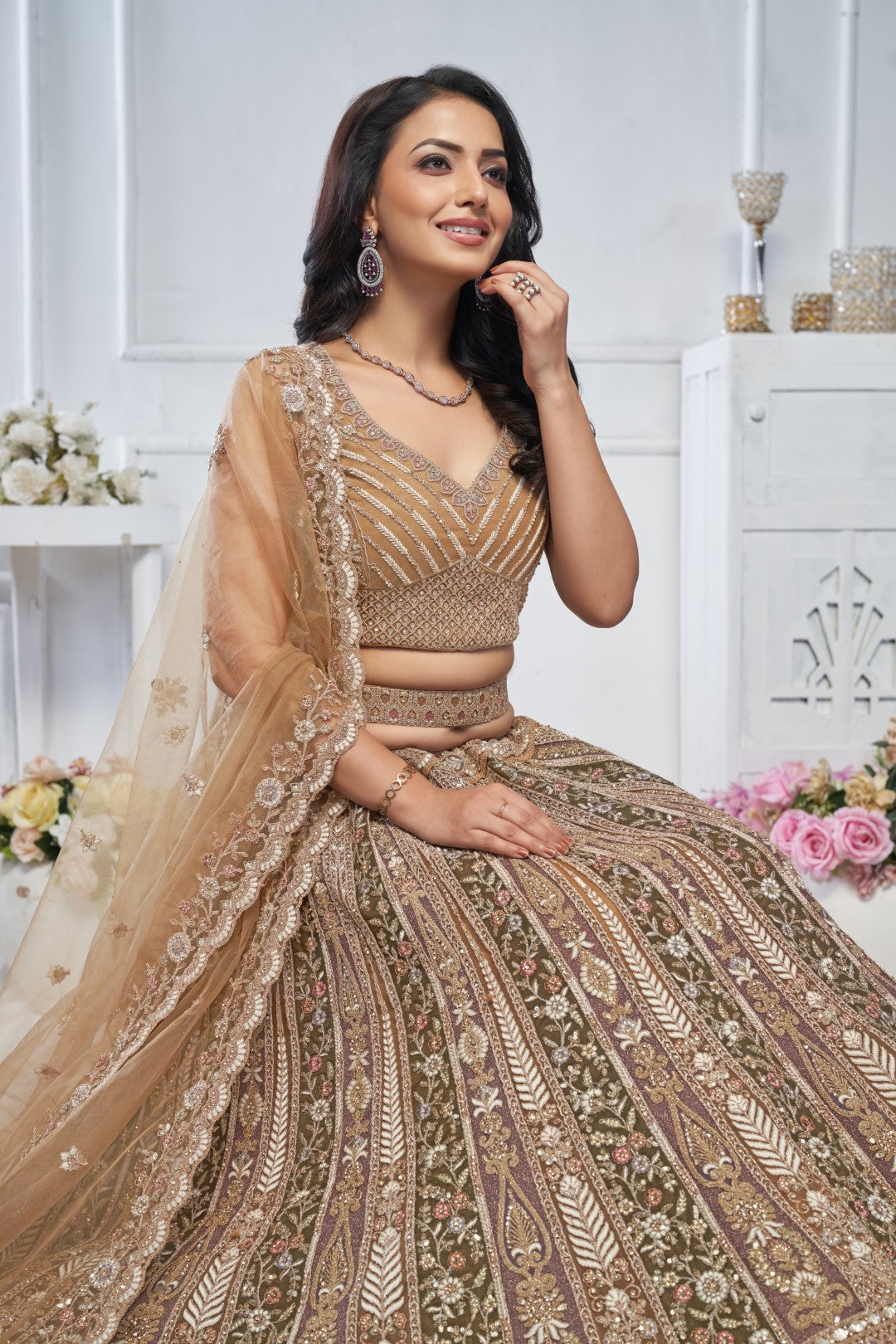 Women's Brown Soft Net Embroidery Lehenga Set - Kesar Fab