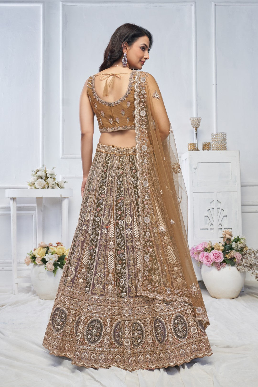 Women's Brown Soft Net Embroidery Lehenga Set - Kesar Fab