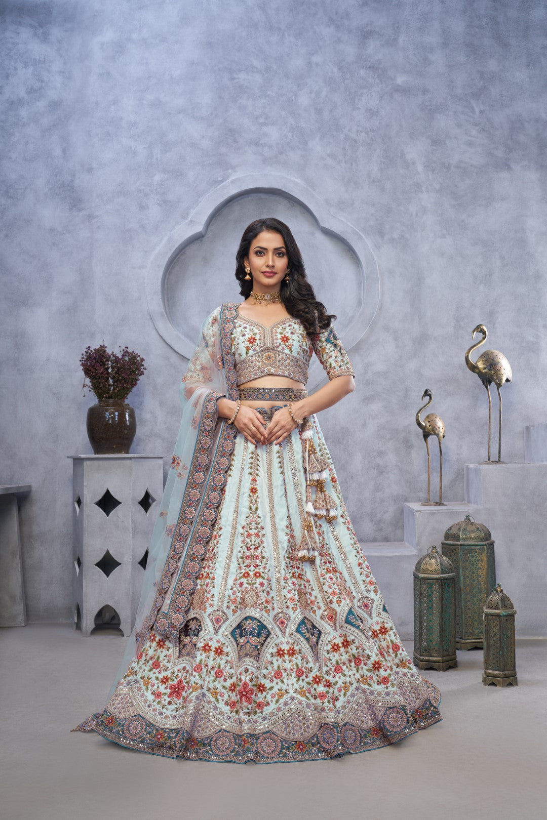 Women's Sky Blue Organza Silk Embroidery Lehenga Set - Kesar Fab