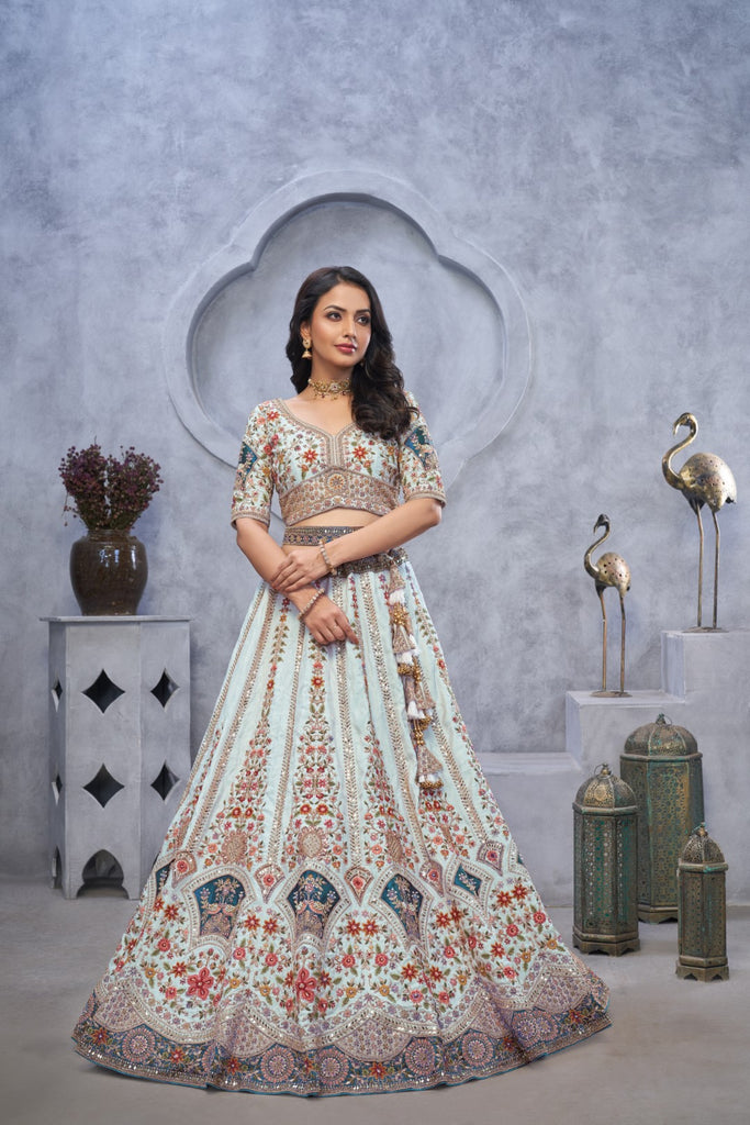 Women's Sky Blue Organza Silk Embroidery Lehenga Set