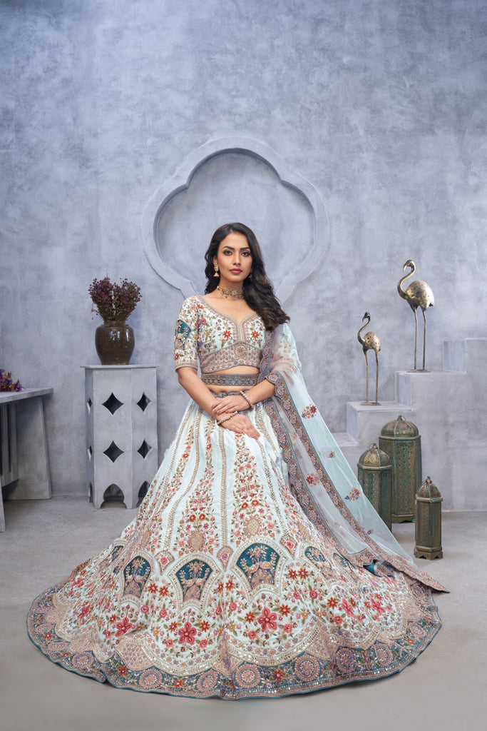 Women's Sky Blue Organza Silk Embroidery Lehenga Set