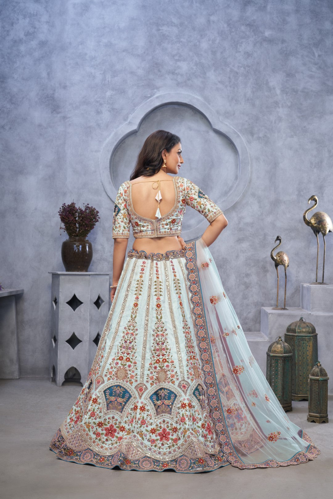 Women's Sky Blue Organza Silk Embroidery Lehenga Set - Kesar Fab