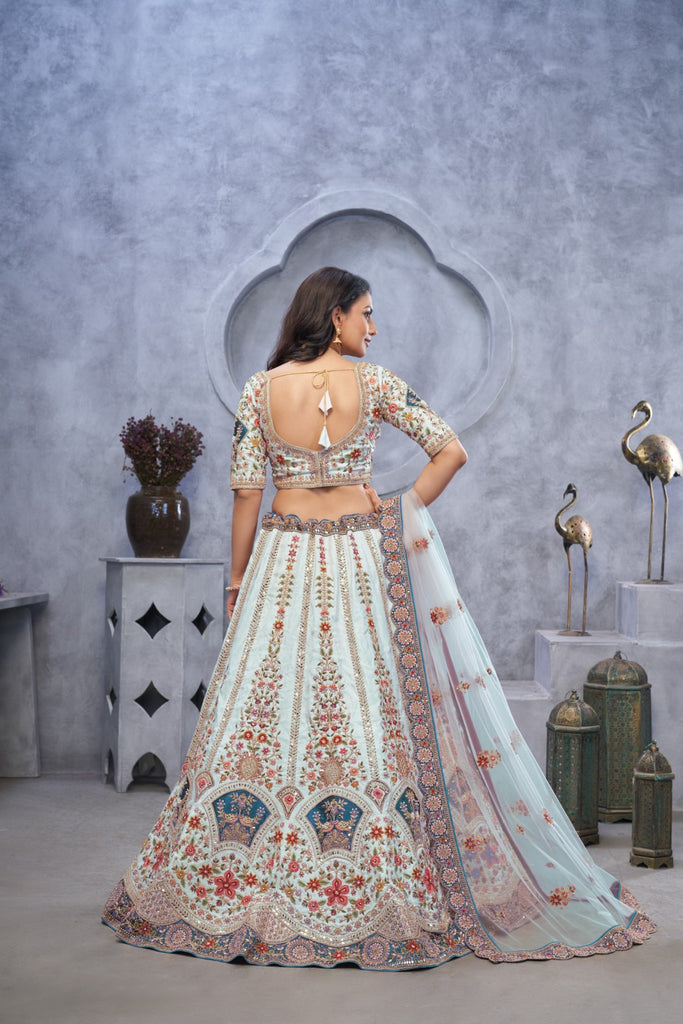 Women's Sky Blue Organza Silk Embroidery Lehenga Set