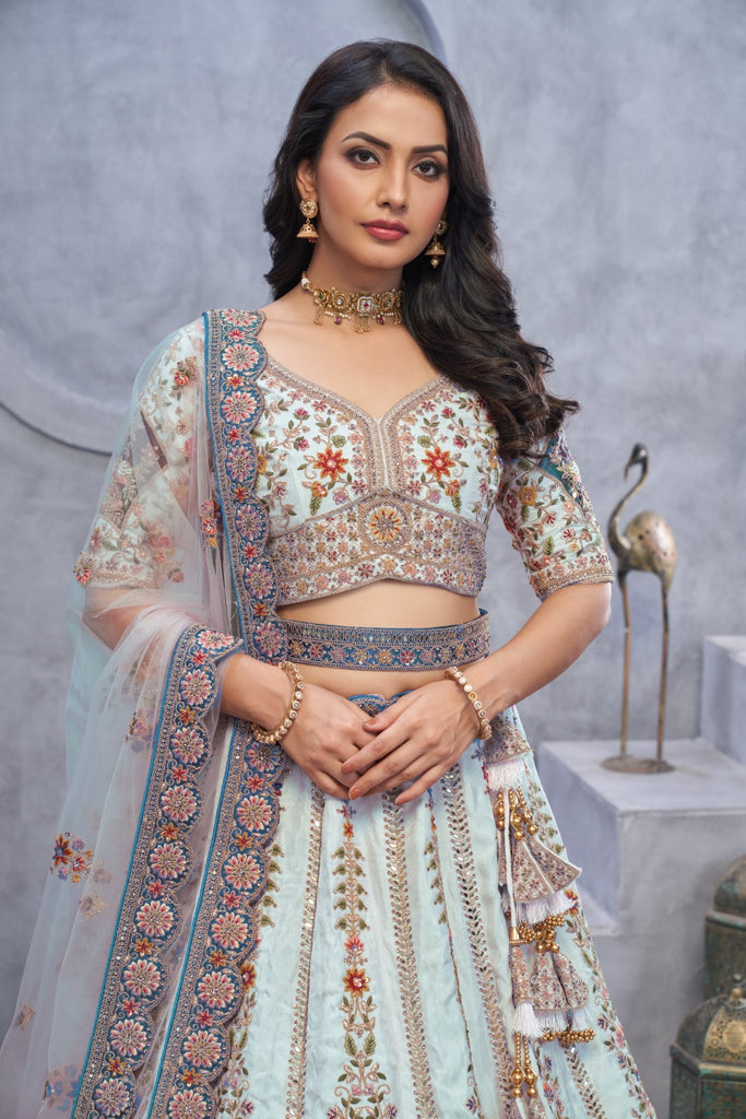 Women's Sky Blue Organza Silk Embroidery Lehenga Set