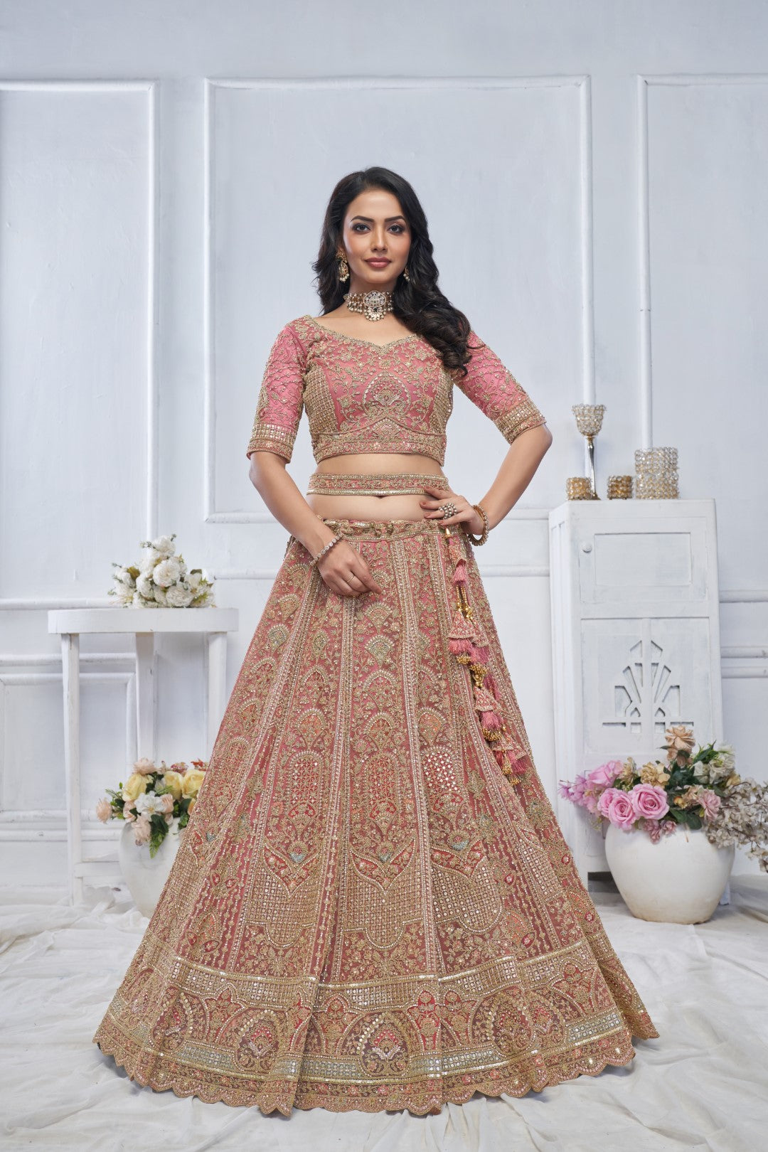 Women's Onion Soft Net Motifs Lehenga Set - Kesar Fab