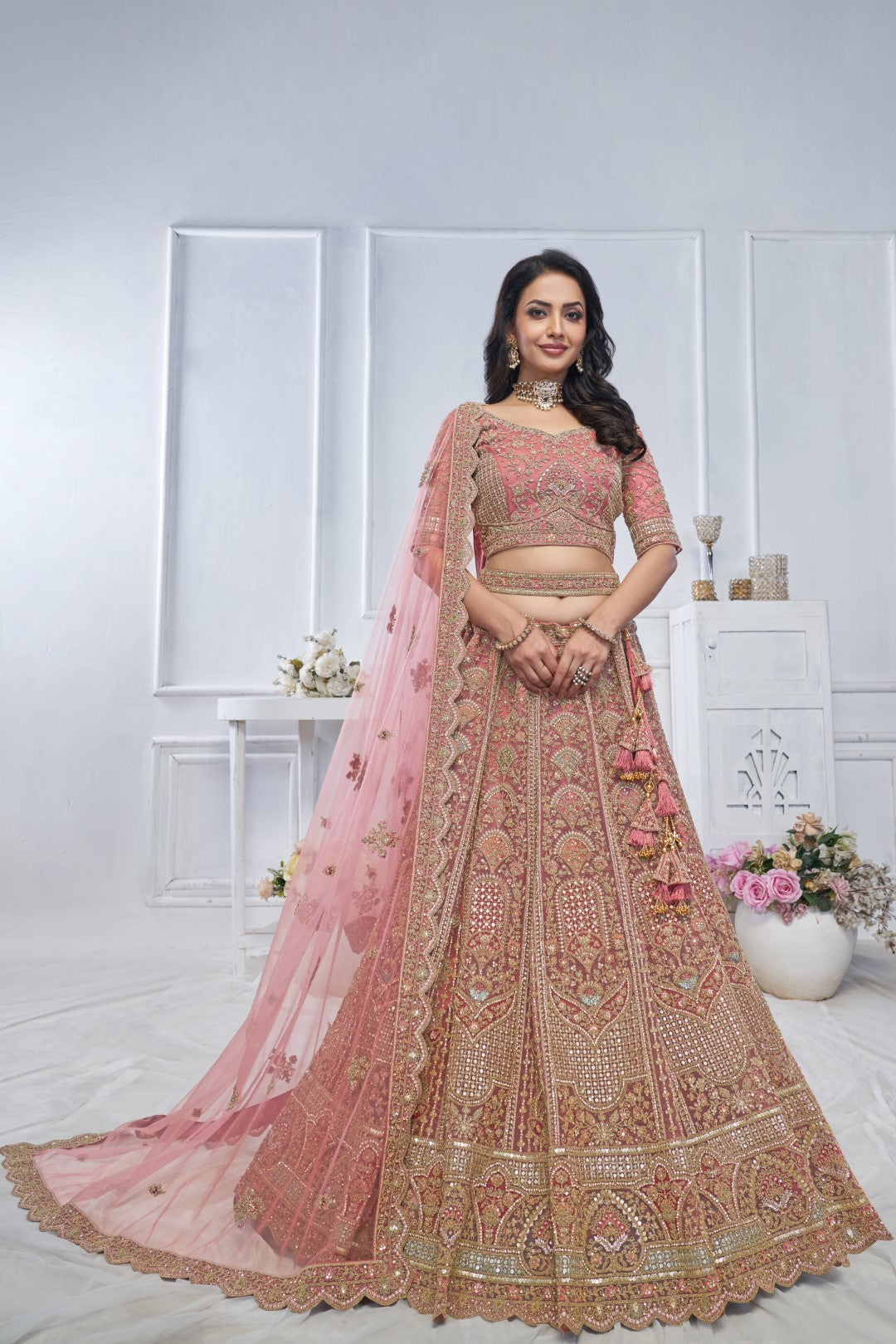 Women's Onion Soft Net Motifs Lehenga Set - Kesar Fab