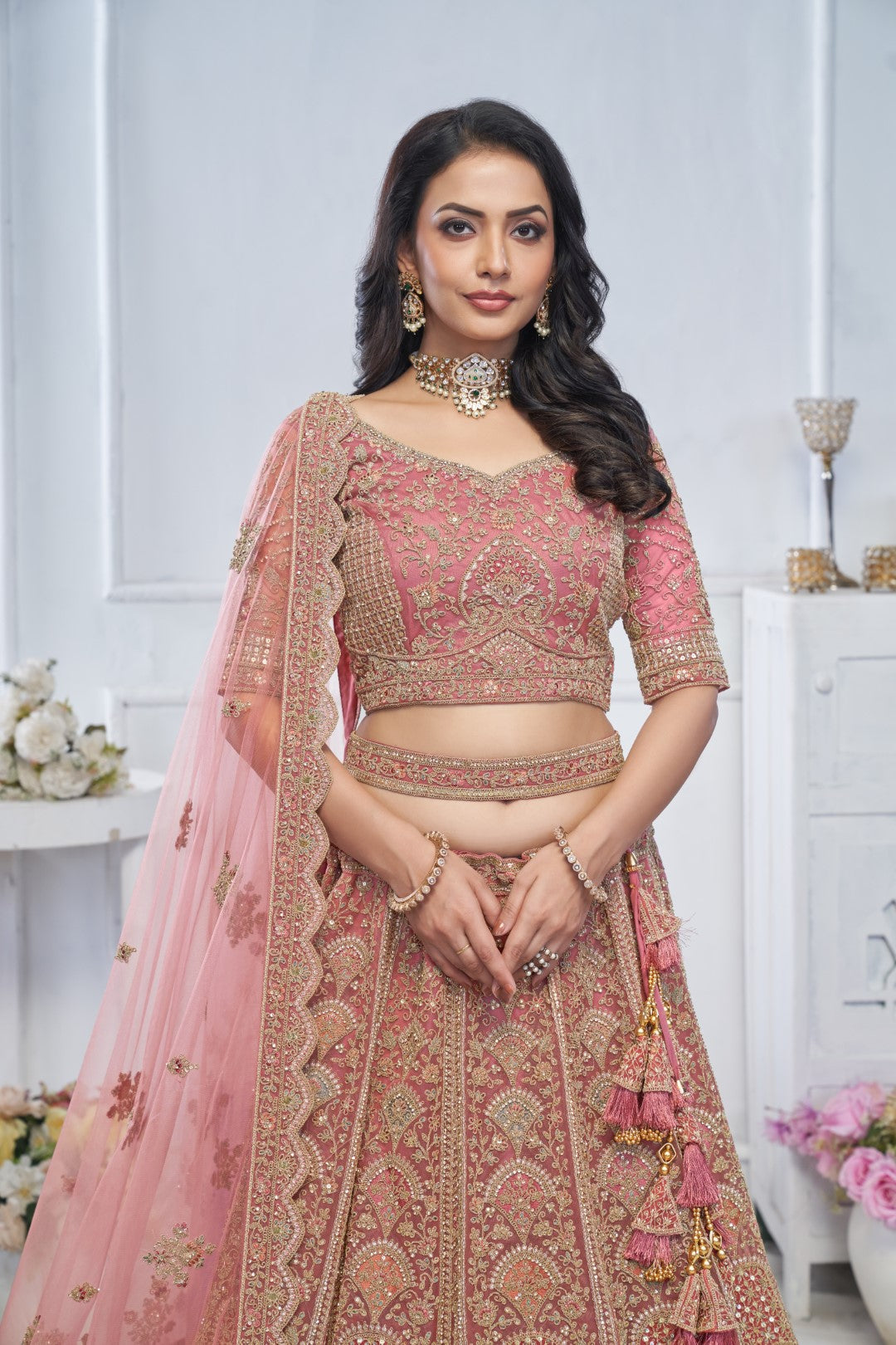 Women's Onion Soft Net Motifs Lehenga Set - Kesar Fab