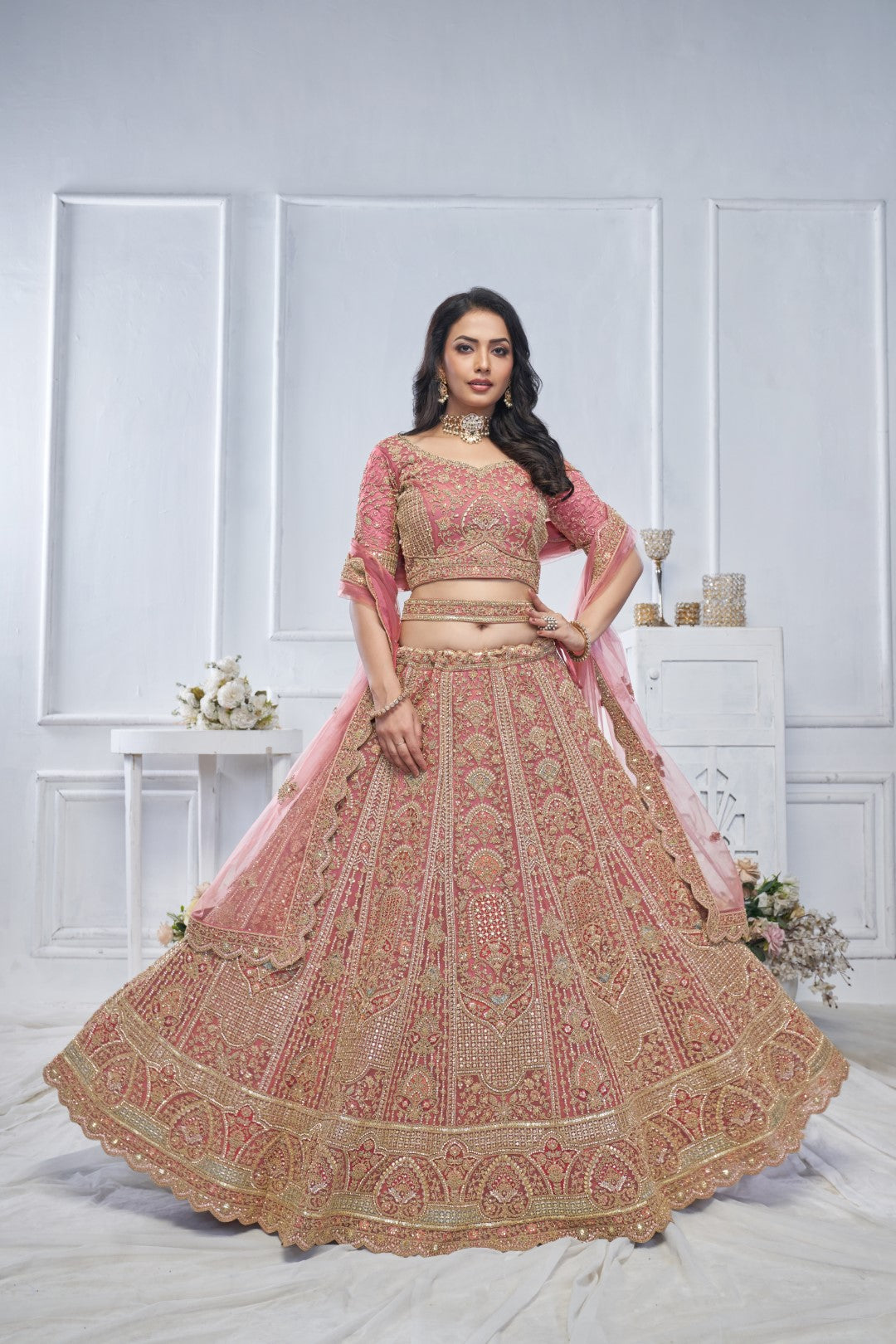 Women's Onion Soft Net Motifs Lehenga Set - Kesar Fab