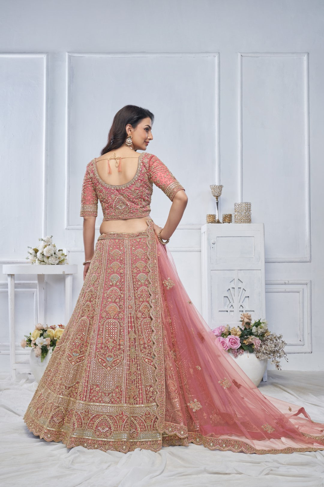 Women's Onion Soft Net Motifs Lehenga Set - Kesar Fab