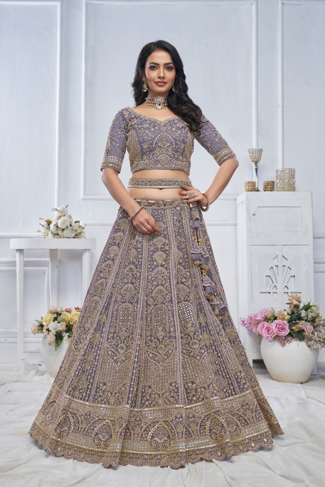 Women's Purple Soft Net Motifs Lehenga Set - Kesar Fab