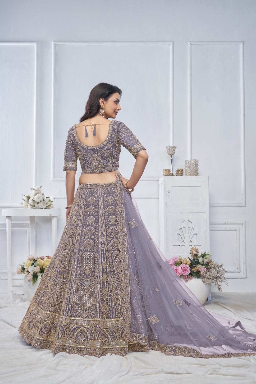 Women's Purple Soft Net Motifs Lehenga Set - Kesar Fab