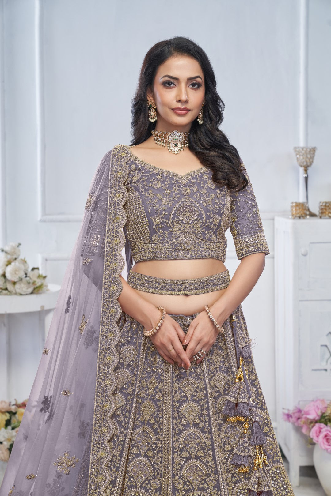 Women's Purple Soft Net Motifs Lehenga Set - Kesar Fab