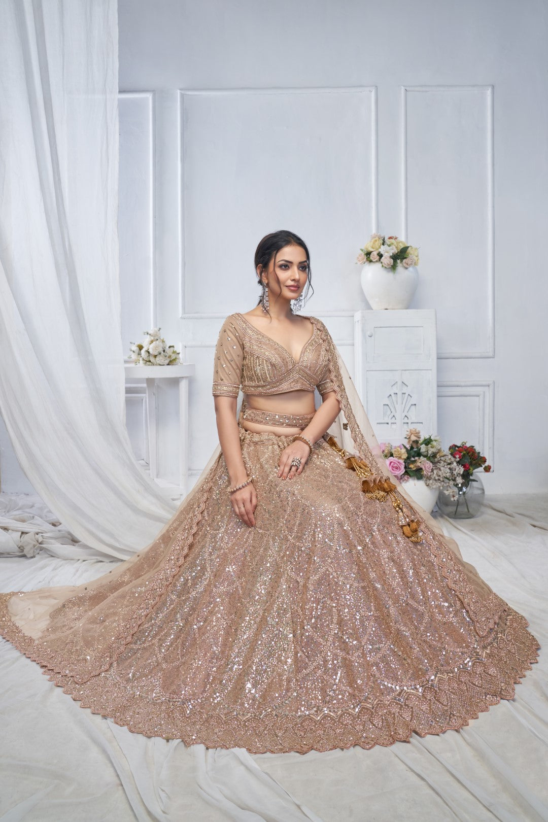 Women's Brown Soft Net Sequins Lehenga Set - Kesar Fab