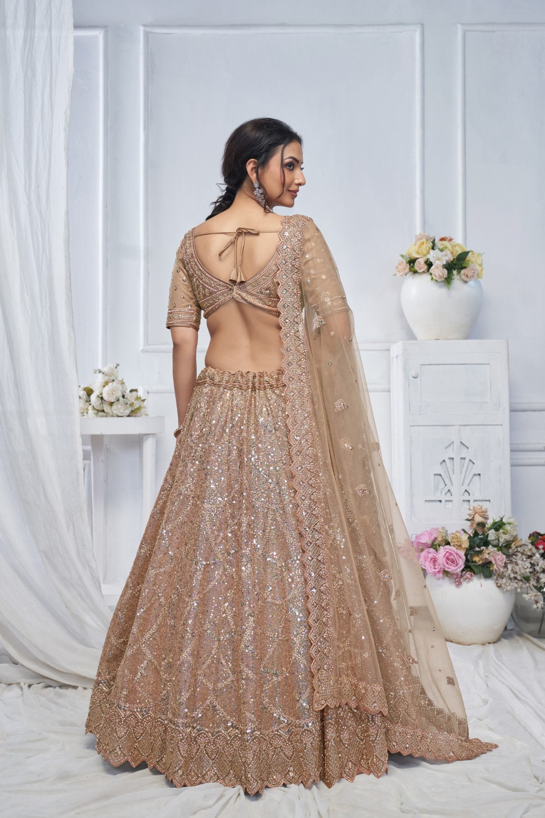 Women's Brown Soft Net Sequins Lehenga Set - Kesar Fab