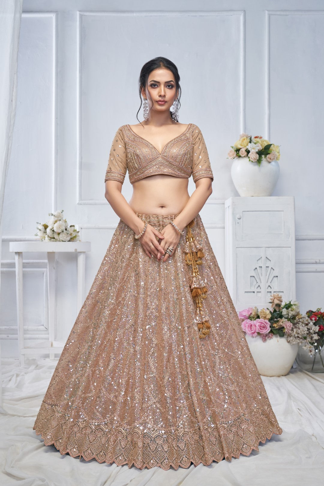 Women's Brown Soft Net Sequins Lehenga Set - Kesar Fab