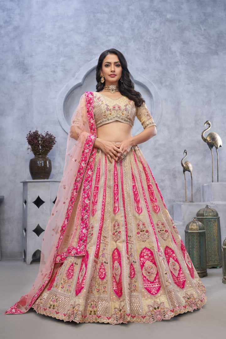 Women's Chiku Orgenza Silk  Embroidery With Sequins Lehenga Set - Kesar Fab