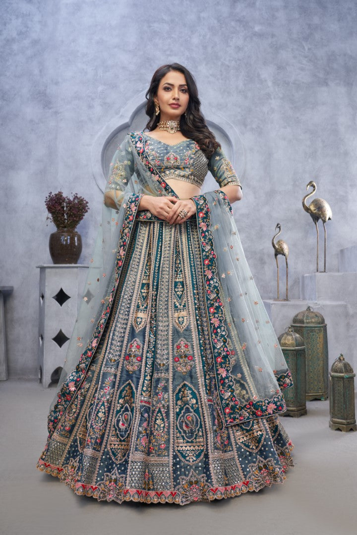 Women's Grey Orgenza Silk  Embroidery With Sequins Lehenga Set - Kesar Fab