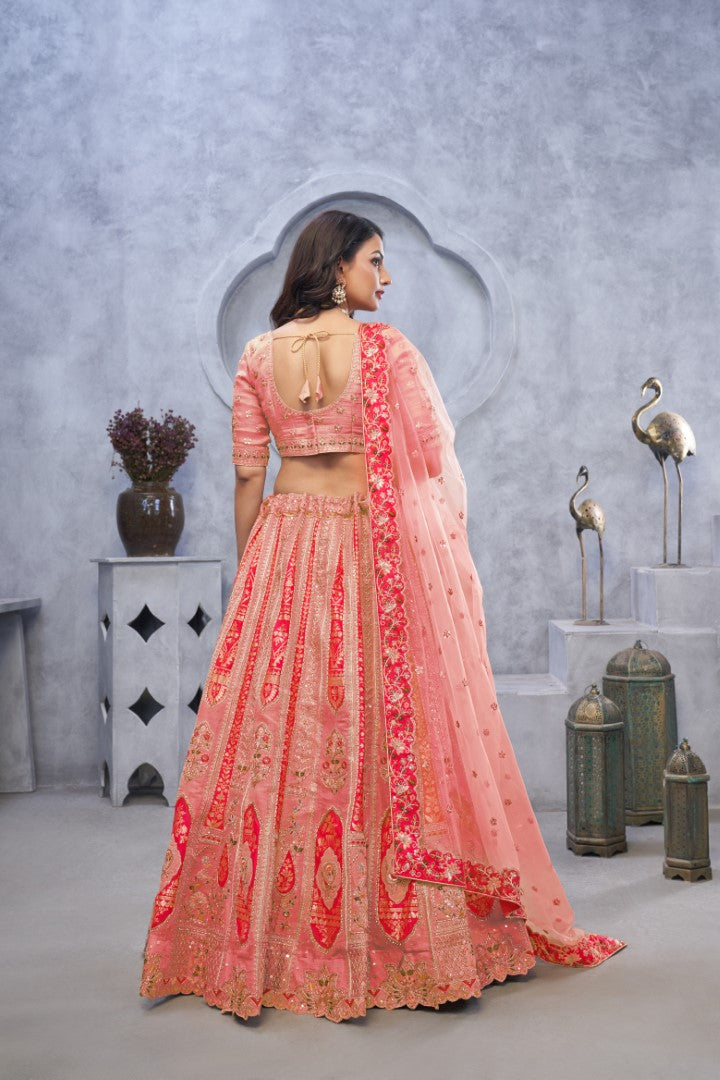 Women's Pink Orgenza Silk  Embroidery With Sequins Lehenga Set - Kesar Fab