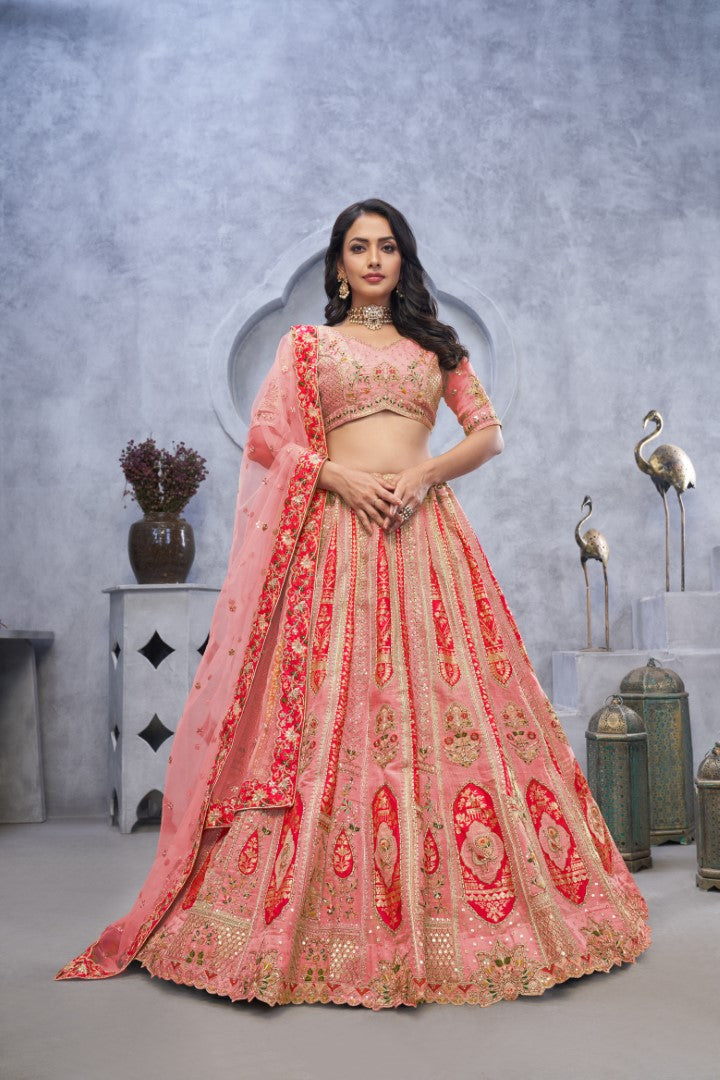 Women's Pink Orgenza Silk  Embroidery With Sequins Lehenga Set - Kesar Fab