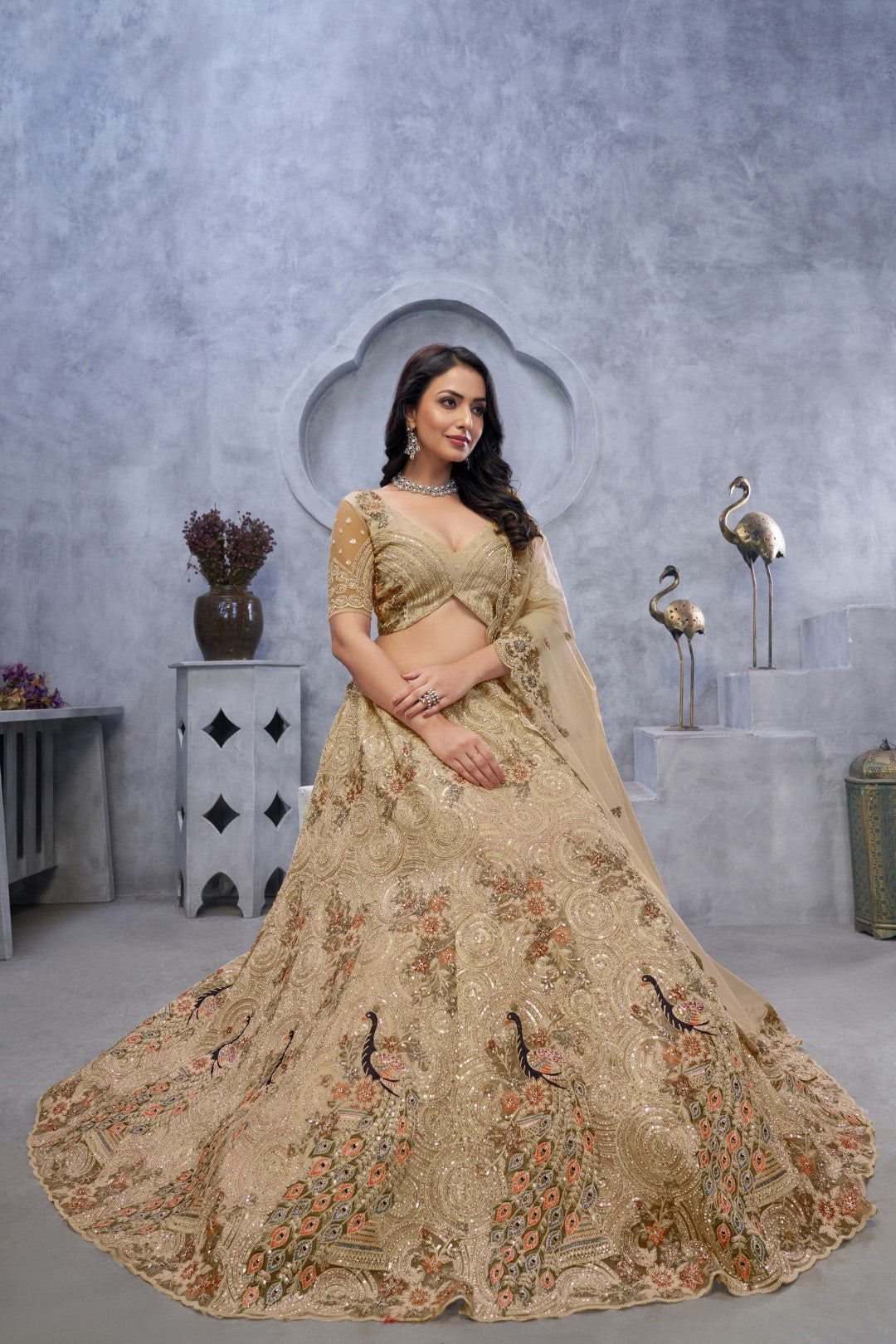 Women's Golden Soft Net Embroidery Lehenga Set - Kesar Fab