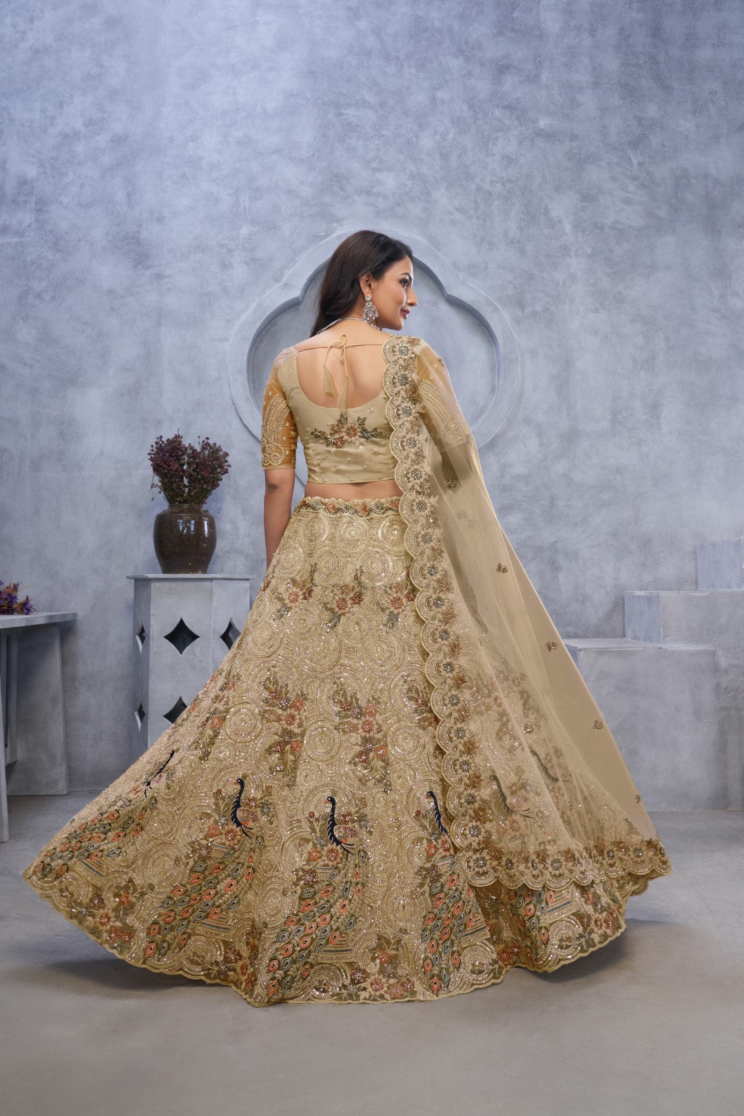 Women's Golden Soft Net Embroidery Lehenga Set - Kesar Fab