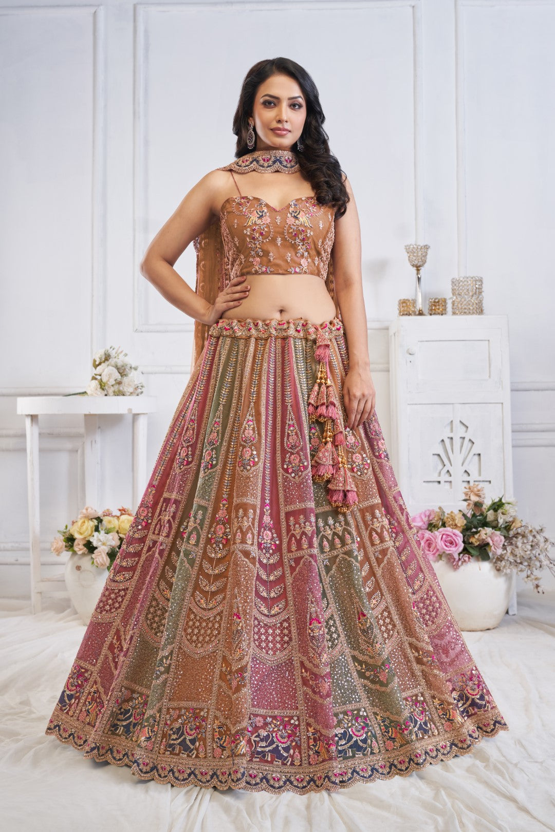 Women's Multi Brown Soft Net Motifs Lehenga Set - Kesar Fab