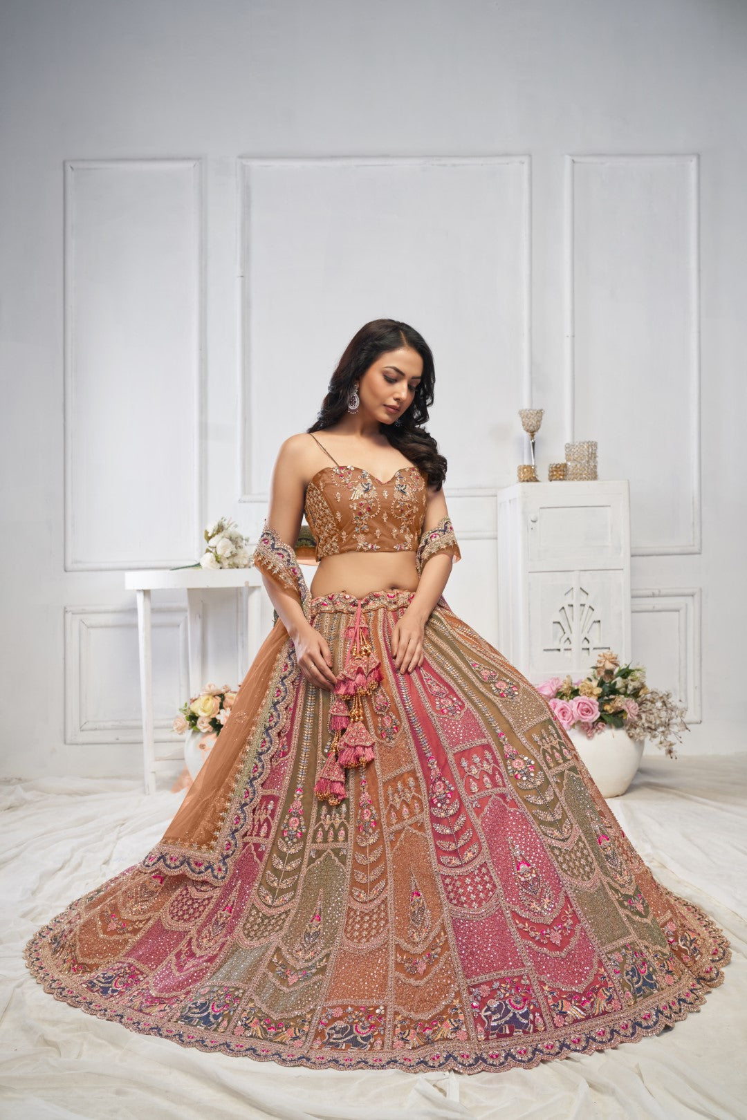 Women's Multi Brown Soft Net Motifs Lehenga Set - Kesar Fab