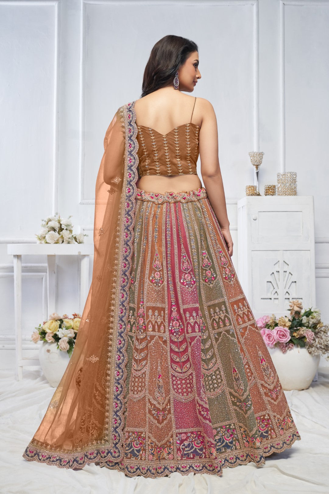 Women's Multi Brown Soft Net Motifs Lehenga Set - Kesar Fab