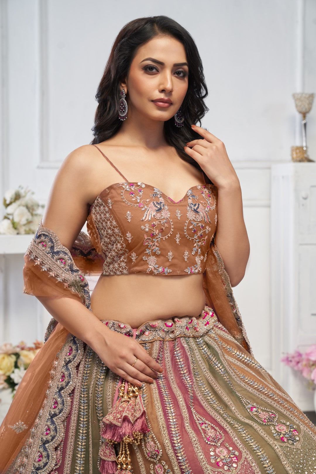 Women's Multi Brown Soft Net Motifs Lehenga Set - Kesar Fab