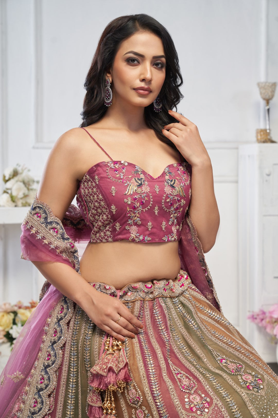 Women's Multi Onion Soft Net Motifs Lehenga Set - Kesar Fab