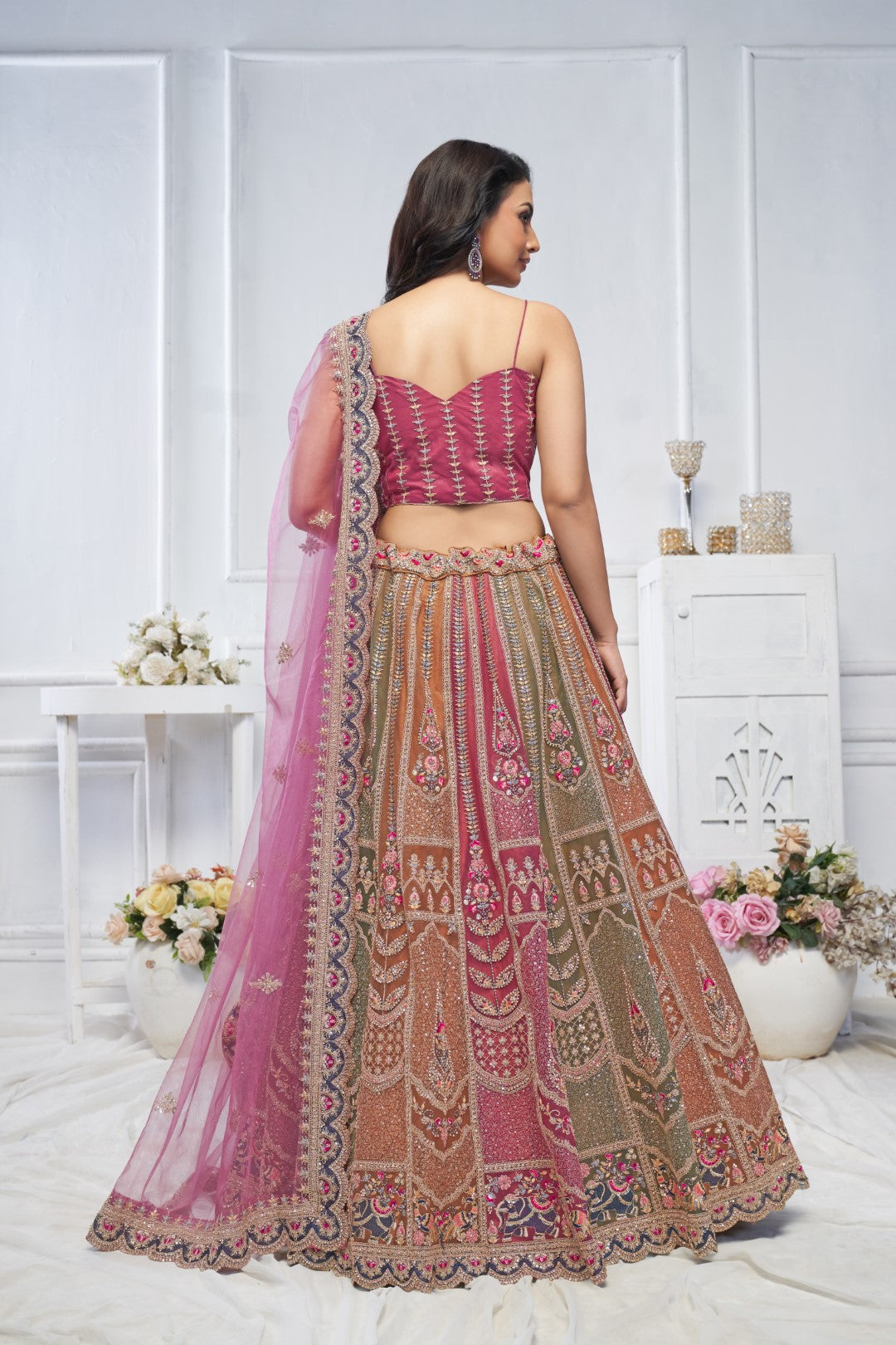 Women's Multi Onion Soft Net Motifs Lehenga Set - Kesar Fab