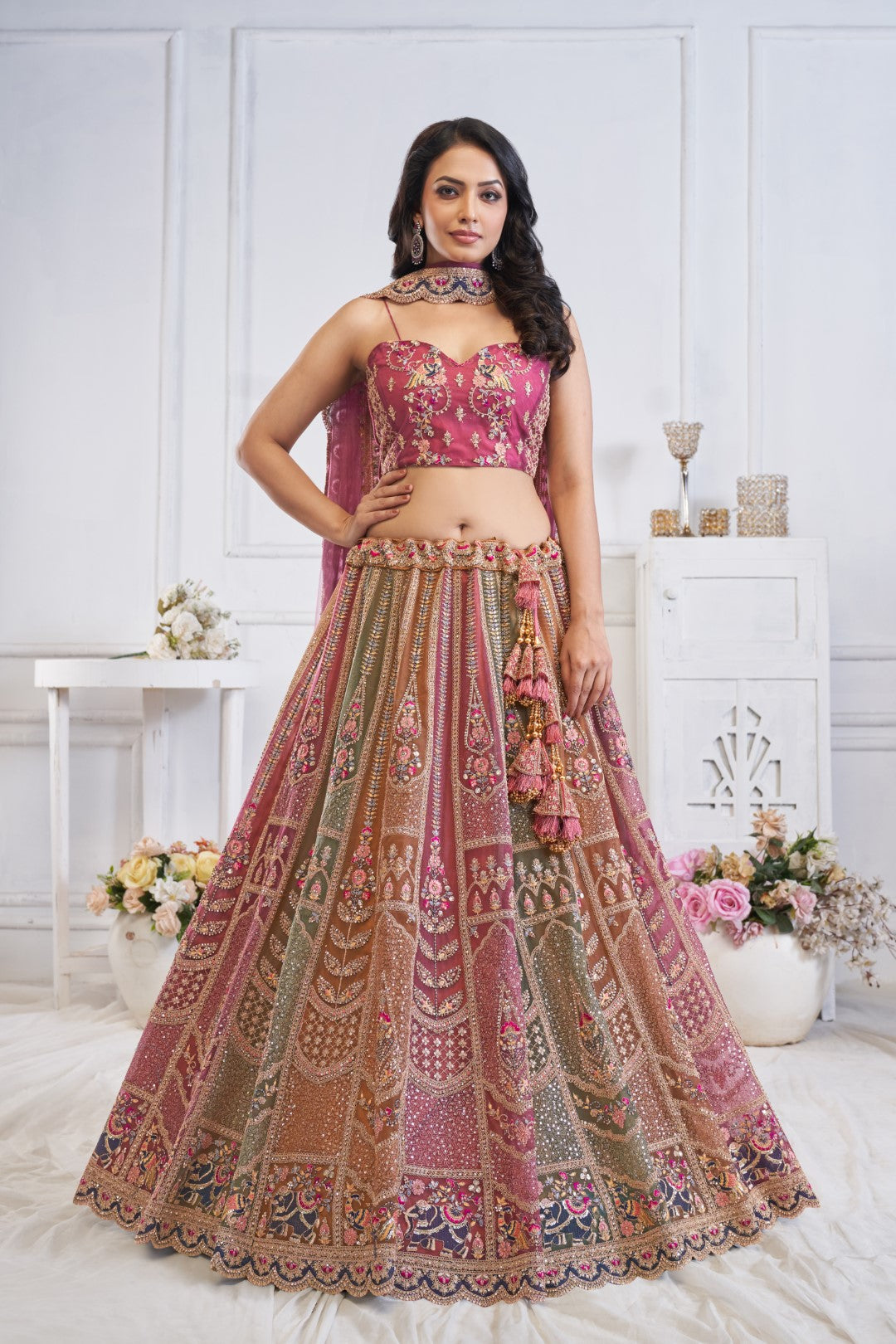 Women's Multi Onion Soft Net Motifs Lehenga Set - Kesar Fab