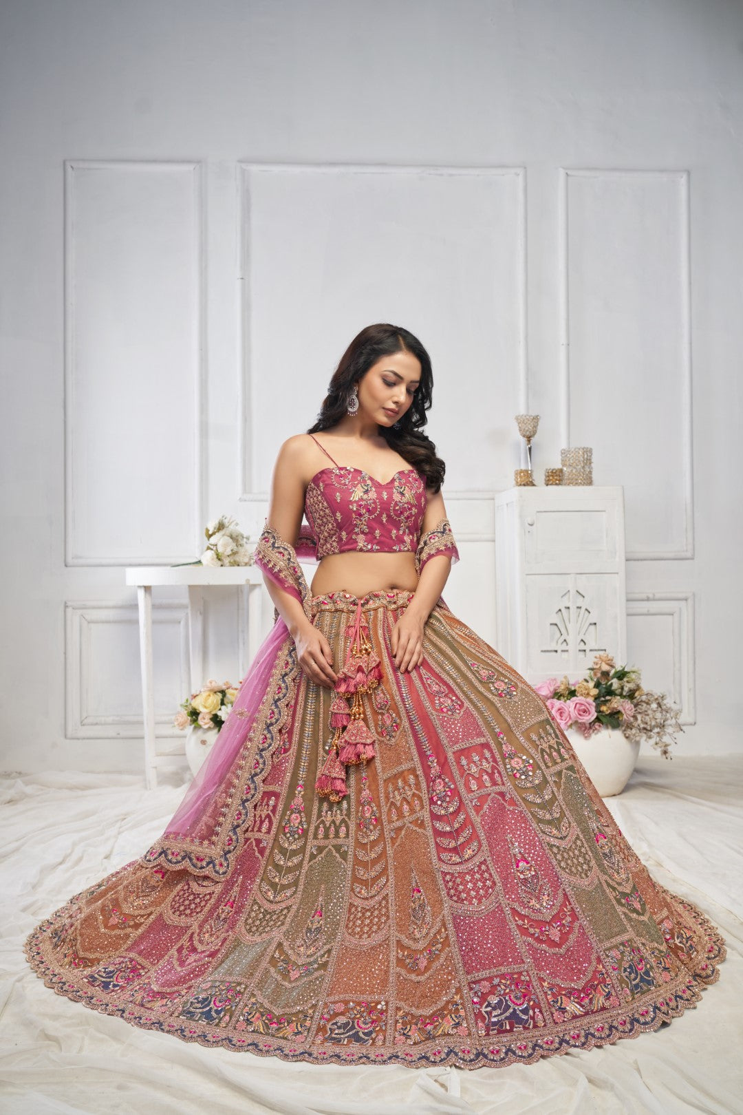 Women's Multi Onion Soft Net Motifs Lehenga Set - Kesar Fab