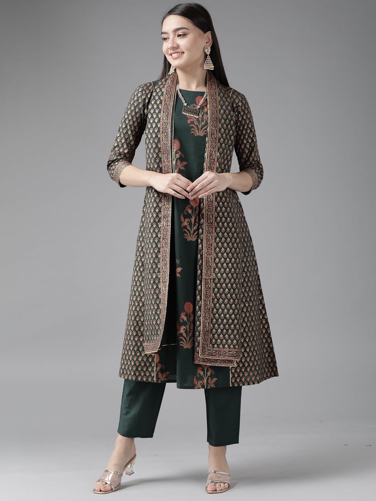 Women's Green Cotton Blend Kurta Set - Taantav