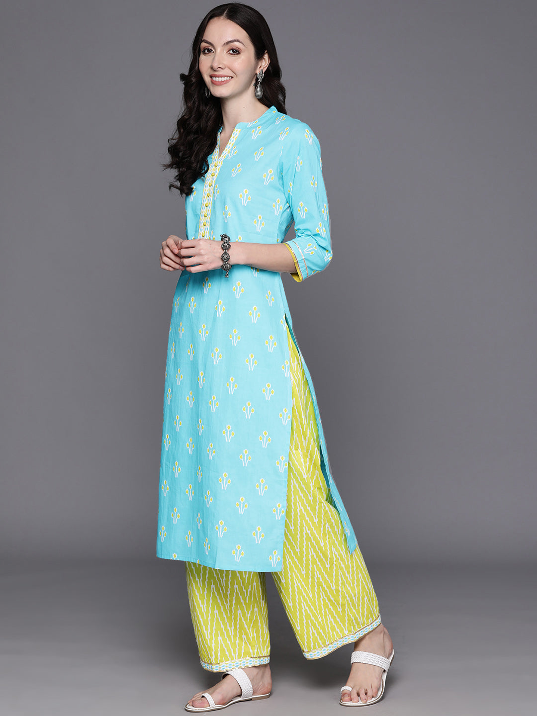 Women's Turquoise Blue Pure Cotton Kurta Set - Taantav