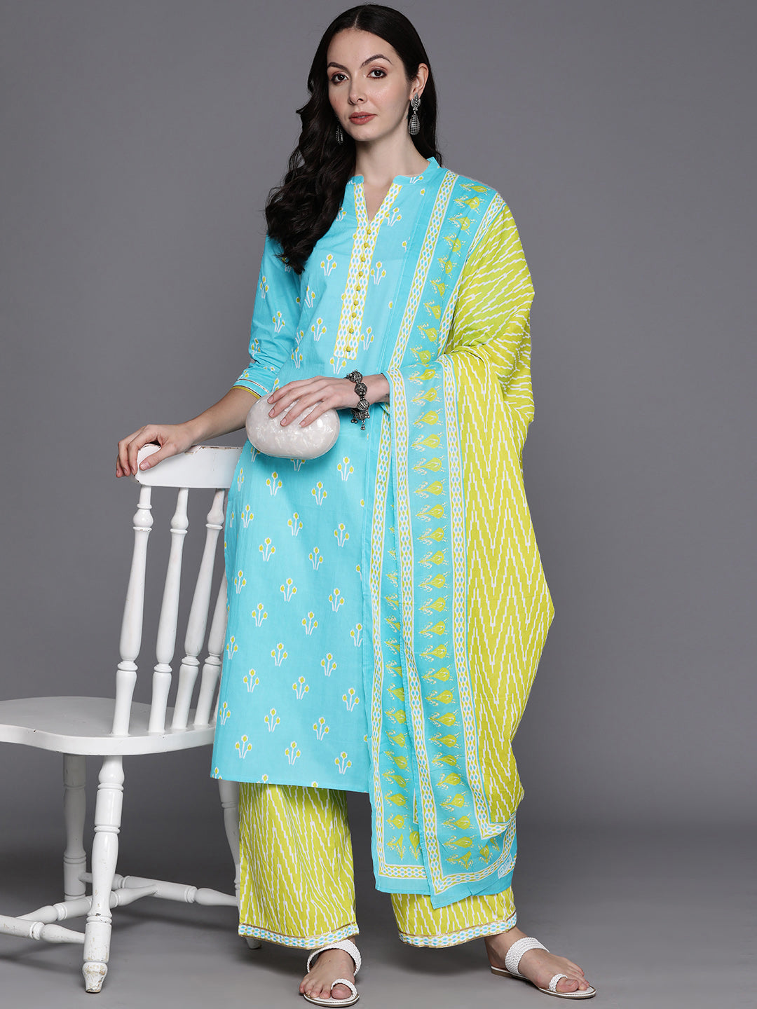 Women's Turquoise Blue Pure Cotton Kurta Set - Taantav