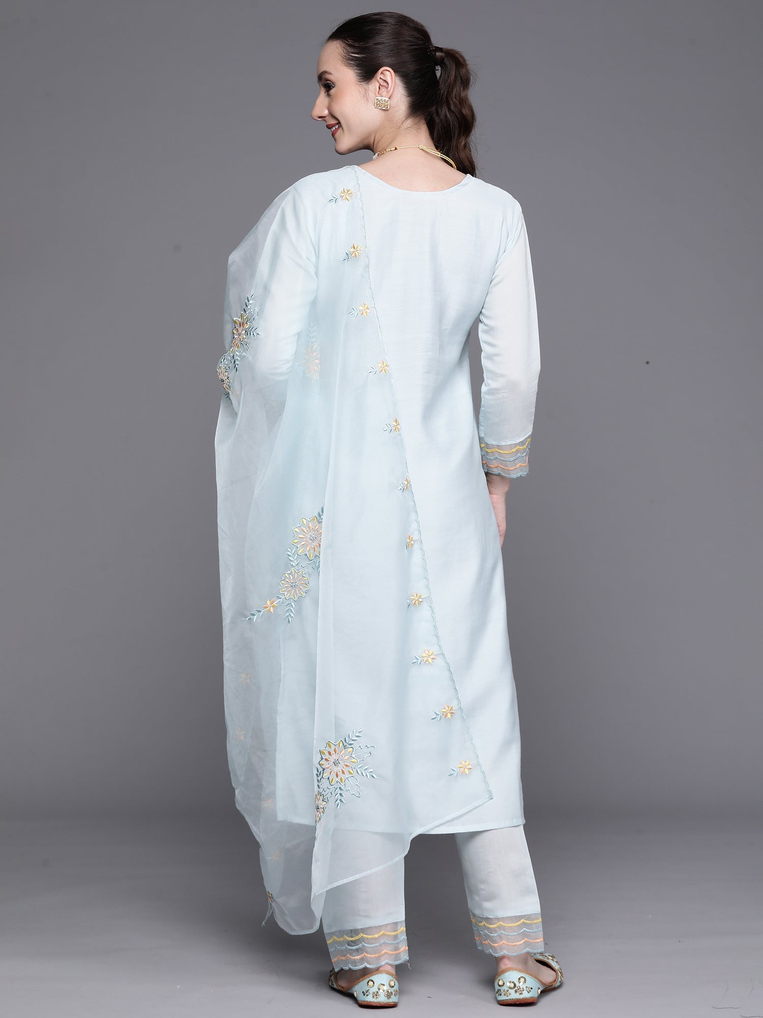 Women's Blue Chanderi Silk Kurta Set - Taantav