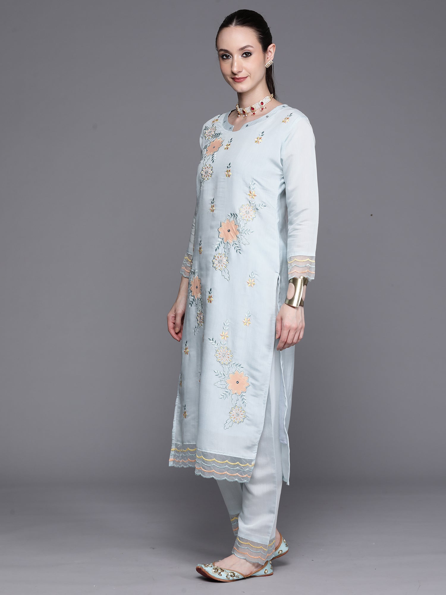 Women's Blue Chanderi Silk Kurta Set - Taantav