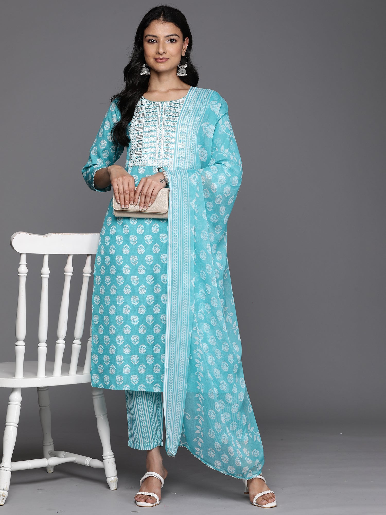 Women's Turquoise Blue Pure Cotton Kurta Set - Taantav