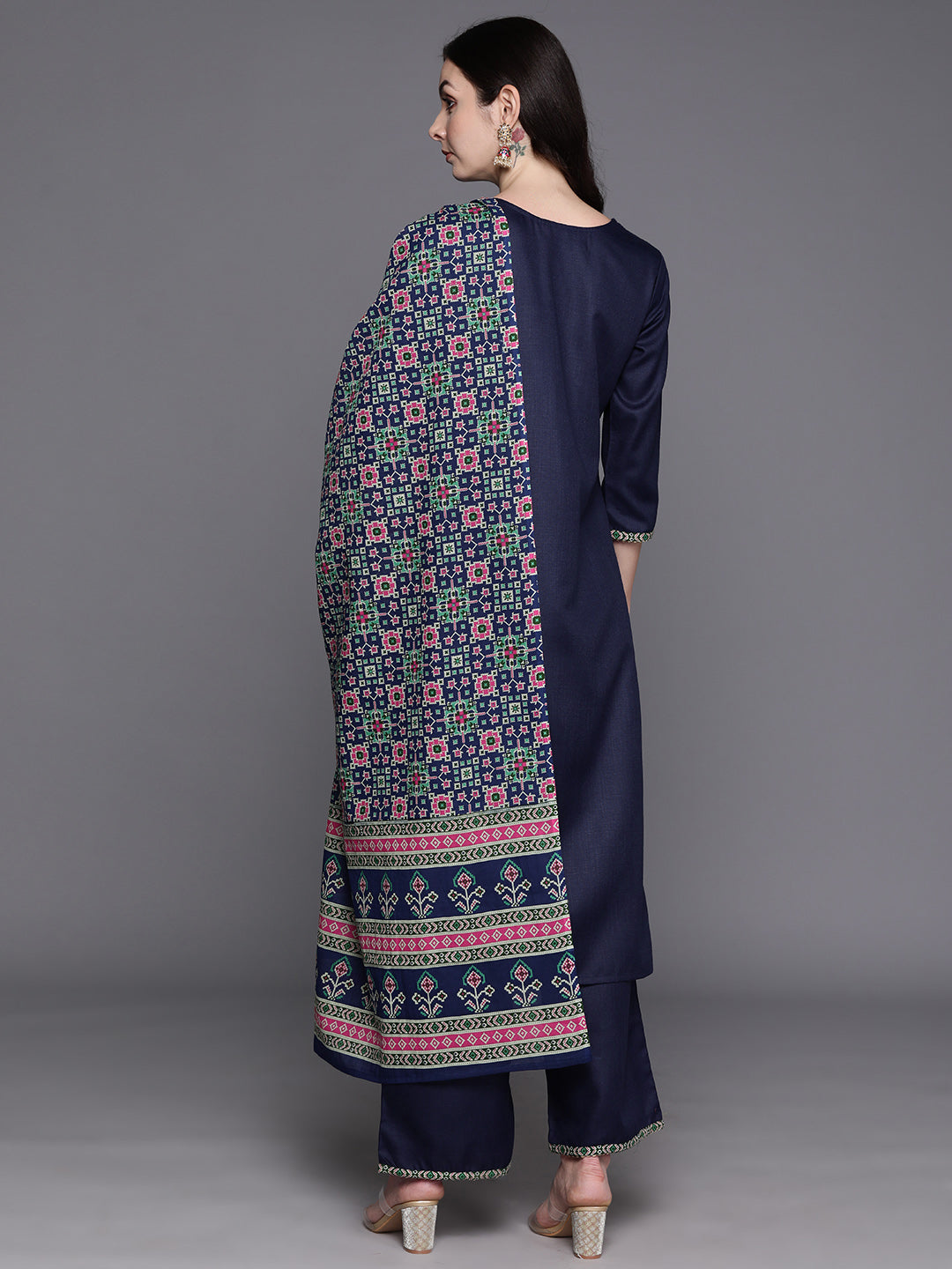 Women's Navy Blue Cotton Blend Kurta Set - Taantav