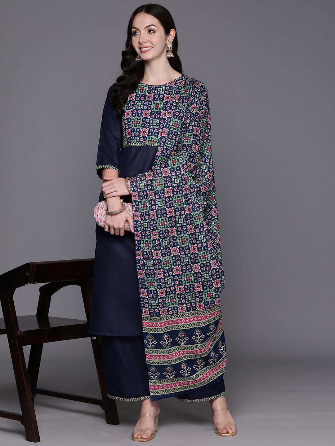 Women's Navy Blue Cotton Blend Kurta Set - Taantav