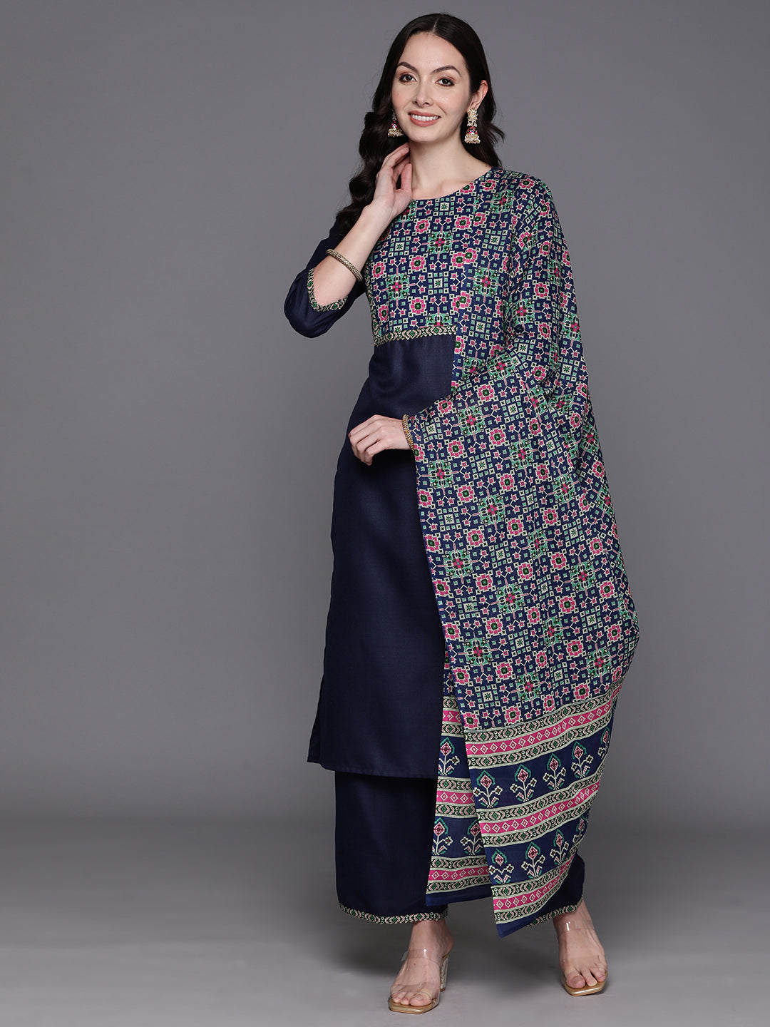 Women's Navy Blue Cotton Blend Kurta Set - Taantav