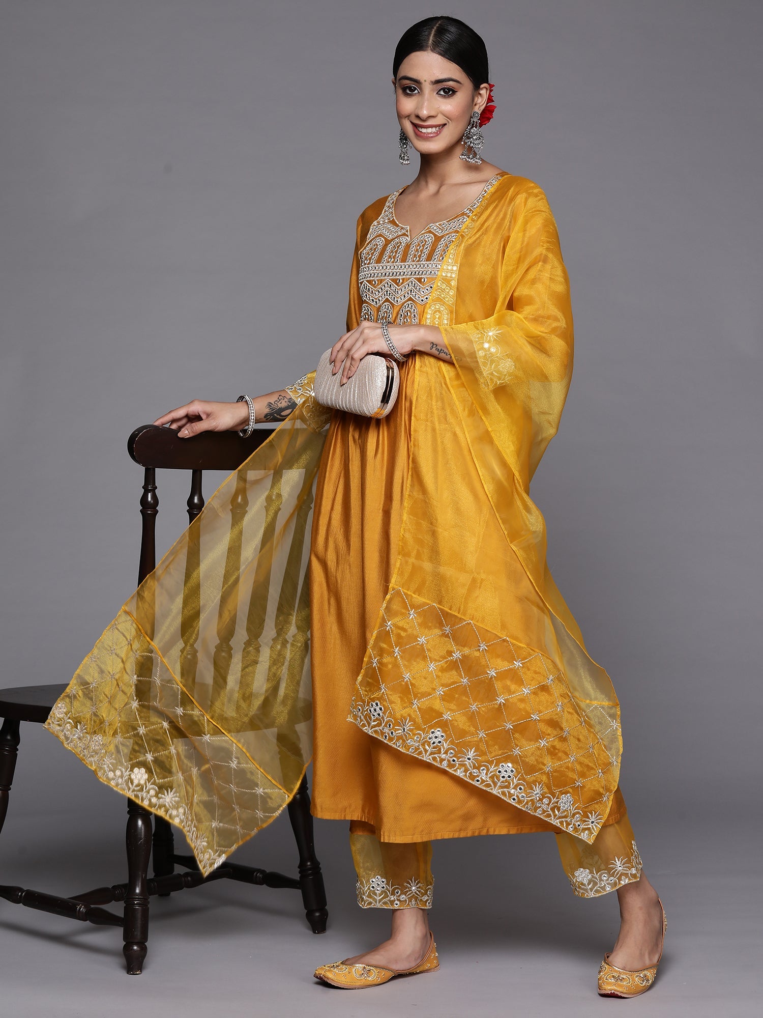 Women's Mustard Liva Kurta Set - Taantav