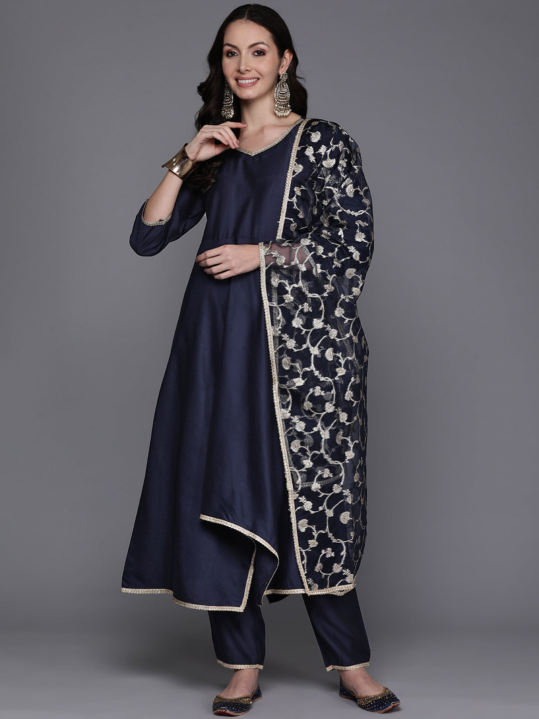 Women's Navy Blue Cotton Blend Kurta Set - Taantav