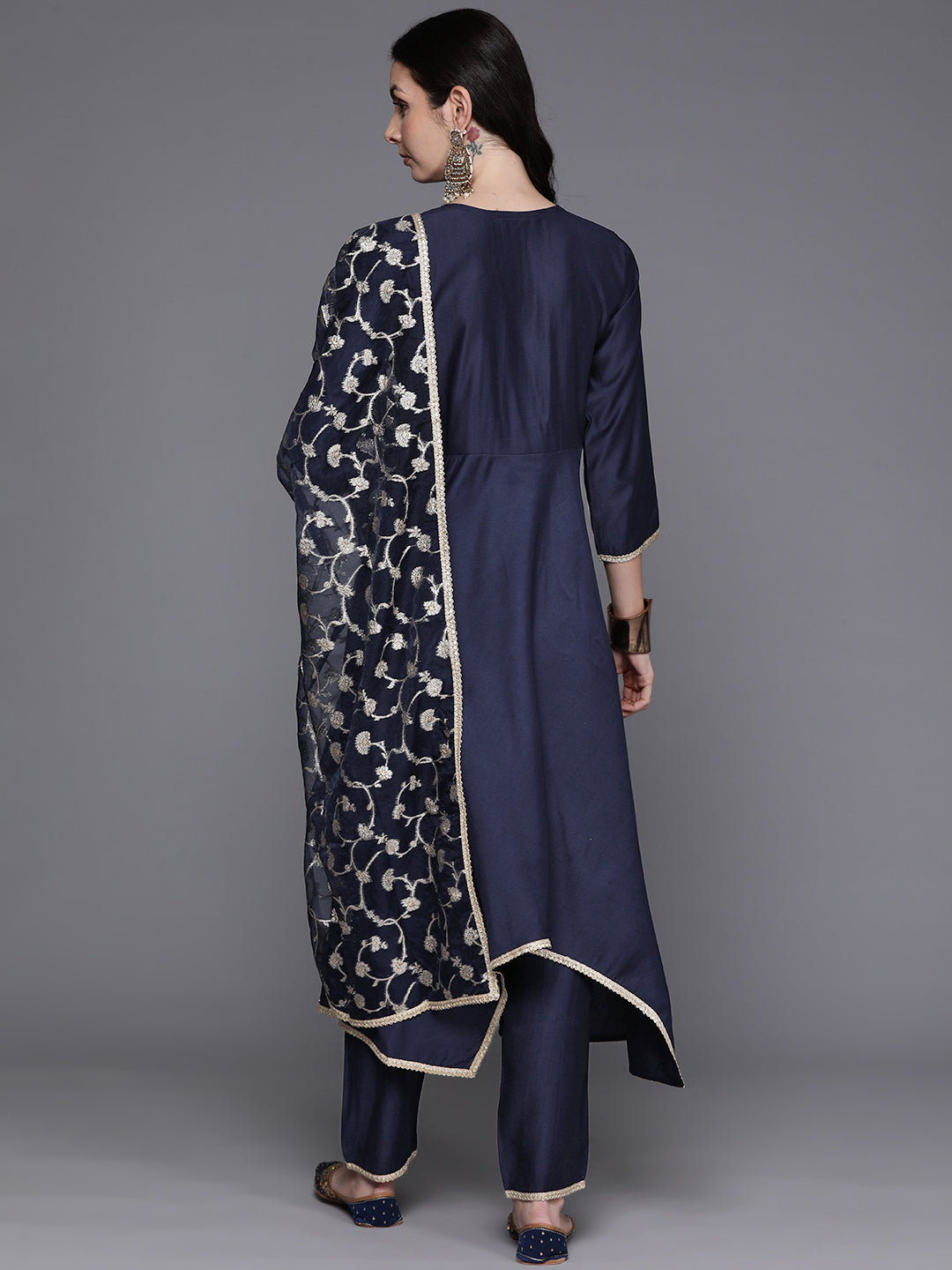 Women's Navy Blue Cotton Blend Kurta Set - Taantav